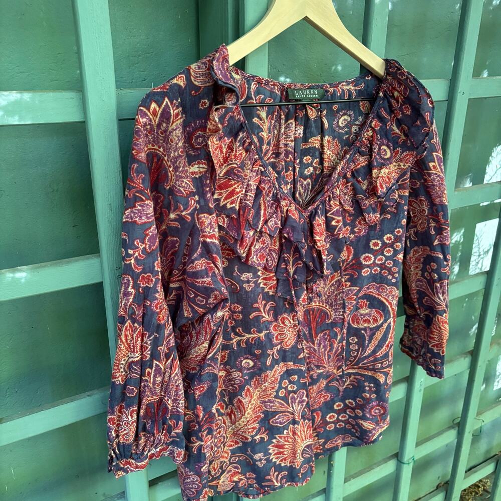 Ralph Lauren Ruffle Collar Paisley Blouse | Boho Chic Cottagecore | Size Large - Picture 4 of 8